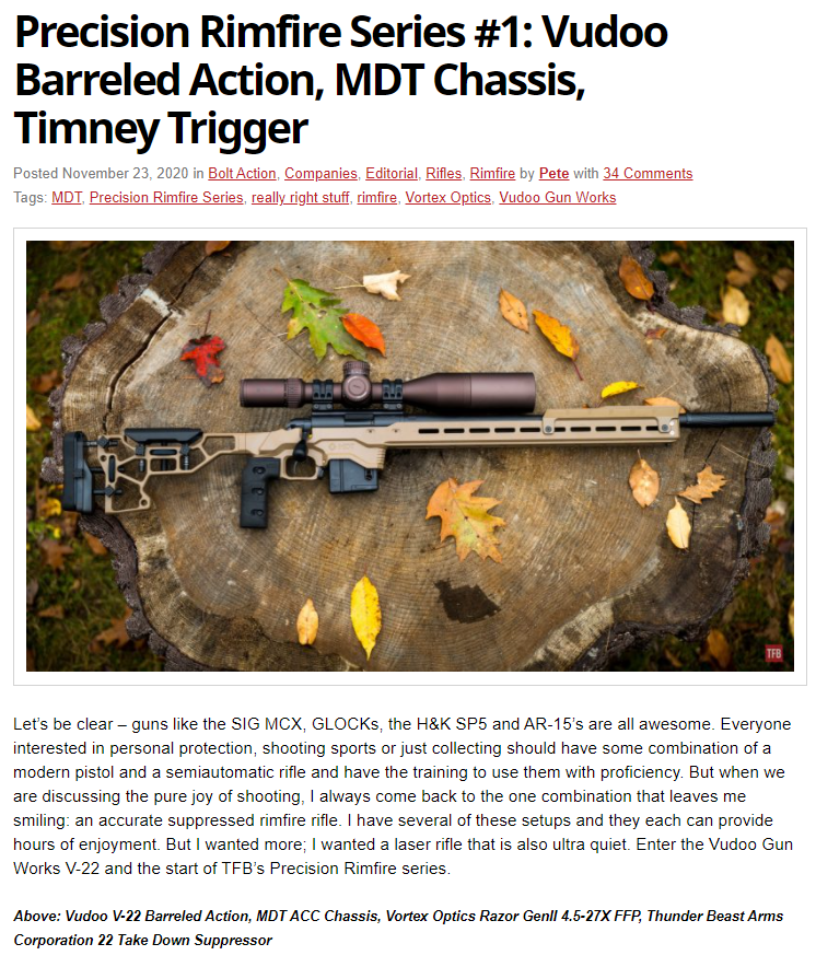Screenshot of article about precision rimfire series featuring the MDT ACC Chassis System